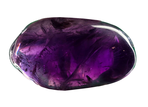 A closeup of a polished amethyst large stone, showing a deep purple hue and translucency to the stone.