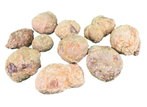 Unopened candy geode pile. Mostly brown exterior with some purple.