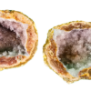 Candy geode split pair, that shows the elongated crystals inside the geode, and colors of tan, brown, and redish tint.