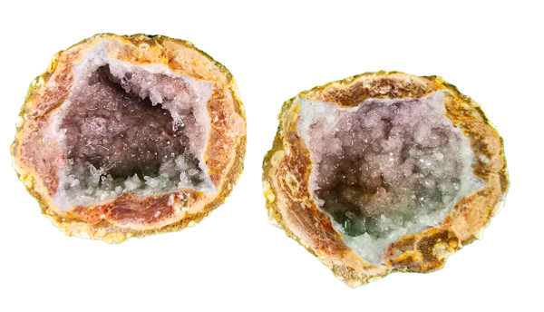 Candy geode split pair, that shows the elongated crystals inside the geode, and colors of tan, brown, and redish tint.