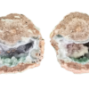 A cut and polished pair that shows the interior of the crystaline geode that is half hollow with intricate crystal clusters inside. Mostly tan, brown, grey on the solid part.