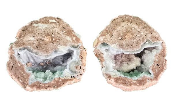 A cut and polished pair that shows the interior of the crystaline geode that is half hollow with intricate crystal clusters inside. Mostly tan, brown, grey on the solid part.
