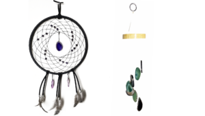 Category dreamcatchers and more showing a black and purple dream catcher with feathers, and an agate