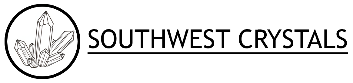 Southwest crystals logo, showing an outline of crystals within a bold circle with a white white background, and southwest crystals name to the right of the logo.