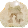 A cut and polished Moroccan Geode half, reflecting light showing the quality of the polish. The inside of the geode is hollow, with many quartz crystals that are clear to milky.