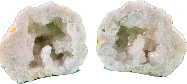A pair of cut and polished Moroccan Geode halves, showing the quartz crystals inside.
