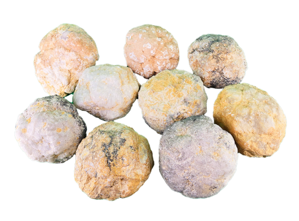 A pile of 9 large Moroccan Geodes unopened, with tan, to grey and spots of black on their exterior.