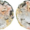 A split Trancas Geode pair, showing the colorful inside that is mostly solid, with a small crystal pocket.