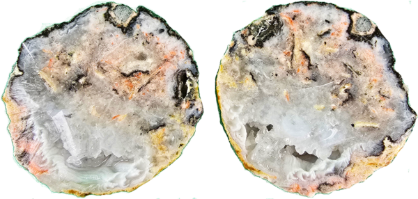 A split Trancas Geode pair, showing the colorful inside that is mostly solid, with a small crystal pocket.