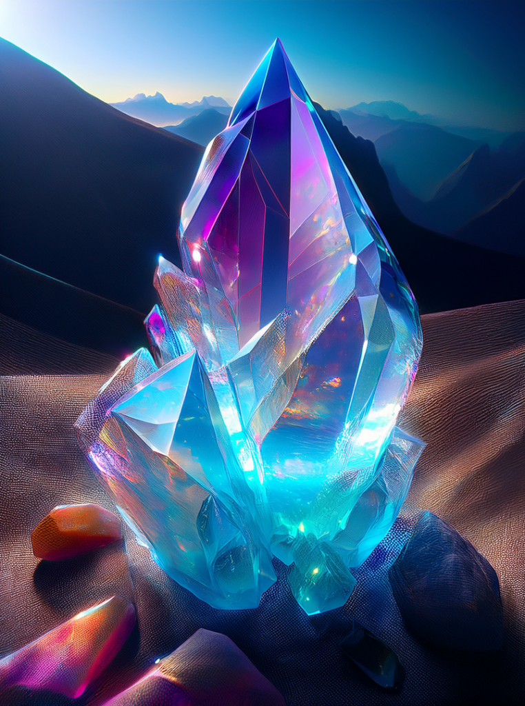 A blue and purple crystal in the desert shining.