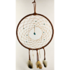 A large brown wrapped dream catcher with turquoise beads, and a turquoise chunk as the centerpiece, draped with feathers and quartz crystals.