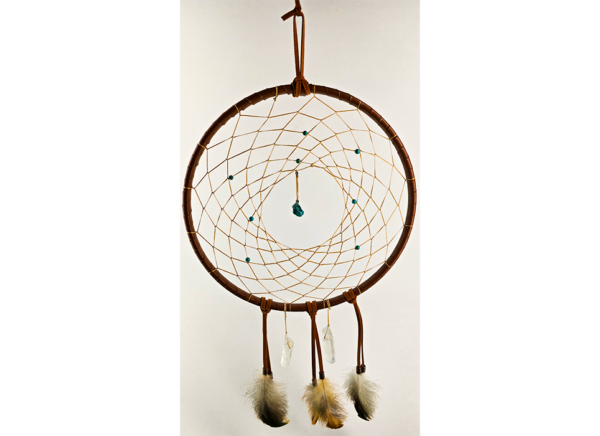 A large brown wrapped dream catcher with turquoise beads, and a turquoise chunk as the centerpiece, draped with feathers and quartz crystals.