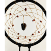 A black dream catcher with a chunk of tiger's eye as the centerpiece, with smaller stones woven around the center, and draped with feathers.
