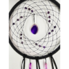 A dream catcher showing a purple agate slice as the centerpiece, surrounded by amethyst beads woven into the dream catcher, and purple quarts crystals hanging bellow.