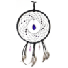 A black dream catcher showing a purple agate slice as the centerpiece, surrounded by amethyst beads woven into the dream catcher, and purple quarts crystals and feathers hanging bellow.