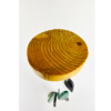 An agate windchime displaying the wood base that is polished and shows the rings in the wood, and a shiny finish.