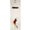 An agate windchime with a natural stained wood base, and a variety of colorful agate slices hanging from it.