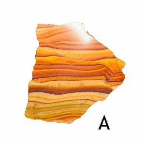 Wave Dolomite display slab displaying tan, red, orange, brown banding with a brilliant polish.