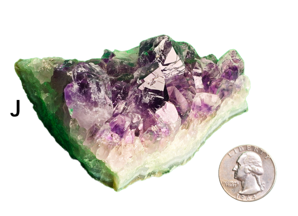 Amethyst cluster 'J' with a quarter for comparison.