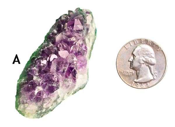 Amethyst cluster 'A' with a quarter for comparison.