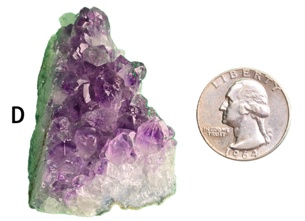 Amethyst cluster 'D' with a quarter for comparison.