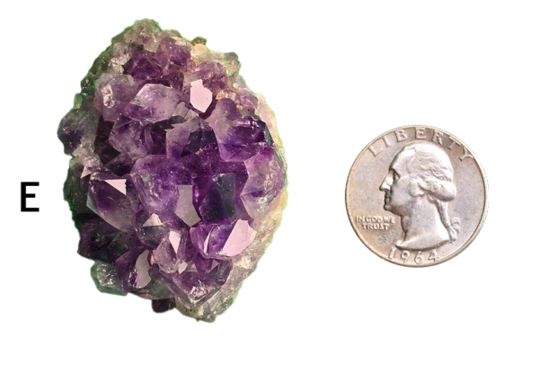 Amethyst cluster 'E' with a quarter for comparison.