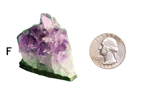 Amethyst cluster 'F' with a quarter for comparison.