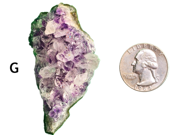 Amethyst cluster 'G' with a quarter for comparison.