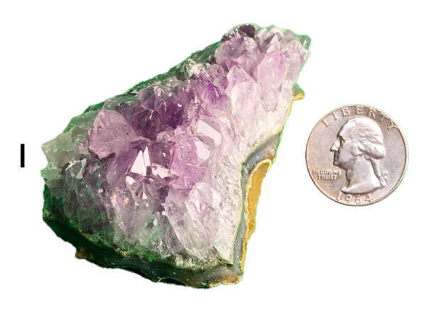 Amethyst cluster 'I' with a quarter for comparison.