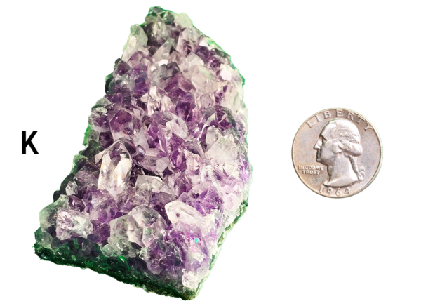 Amethyst cluster 'K' with a quarter for comparison.