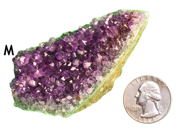 Amethyst cluster 'M' with a quarter for comparison.