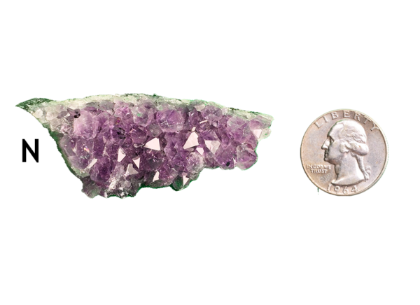 Amethyst cluster 'N' with a quarter for comparison.