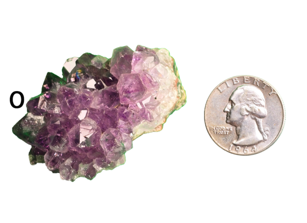 Amethyst cluster 'O' with a quarter for comparison.