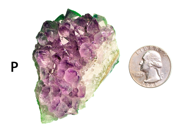 Amethyst cluster 'P' with a quarter for comparison.