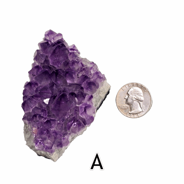 Amethyst cluster 'A' with a quarter for comparison.