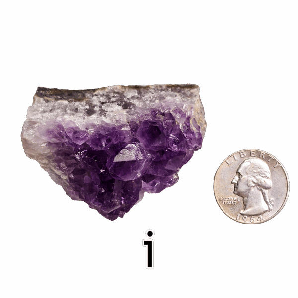 Amethyst cluster 'I' with a quarter for comparison.
