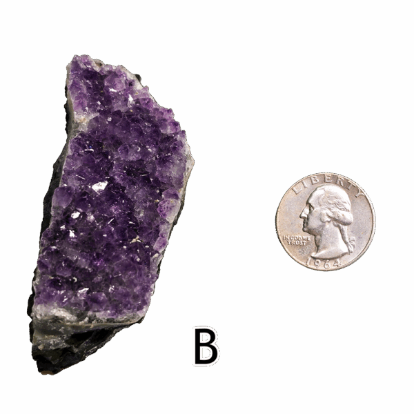 Amethyst cluster 'B' with a quarter for comparison.