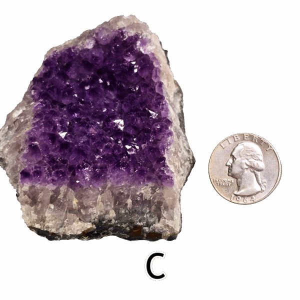 Amethyst cluster 'C' with a quarter for comparison.