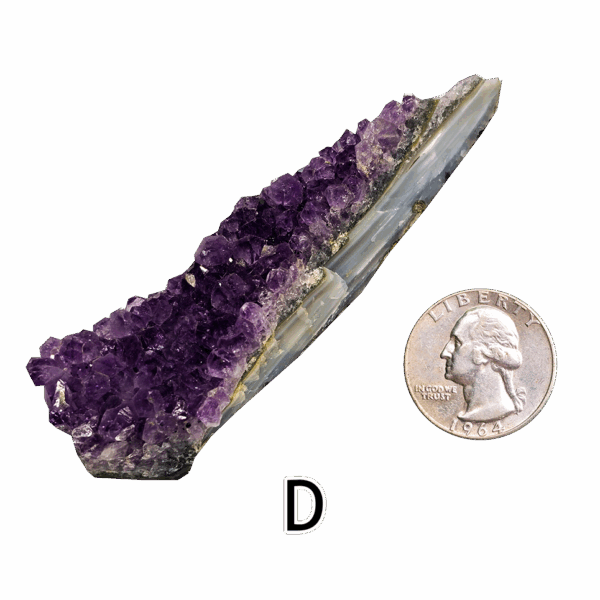 Amethyst cluster 'D' with a quarter for comparison.