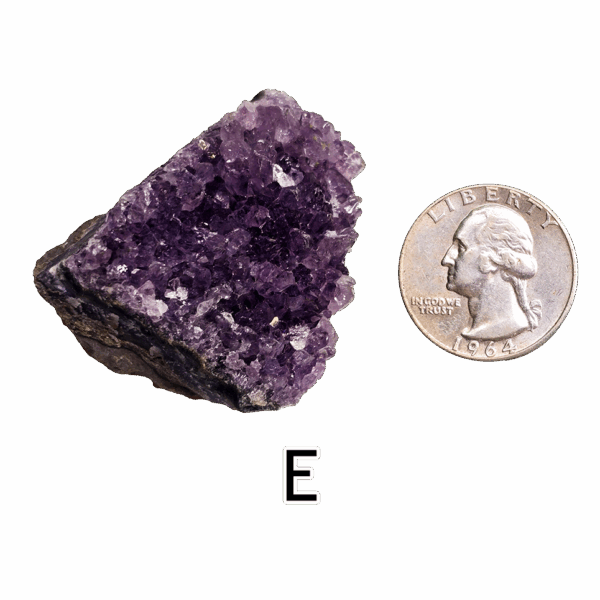 Amethyst cluster 'E' with a quarter for comparison.