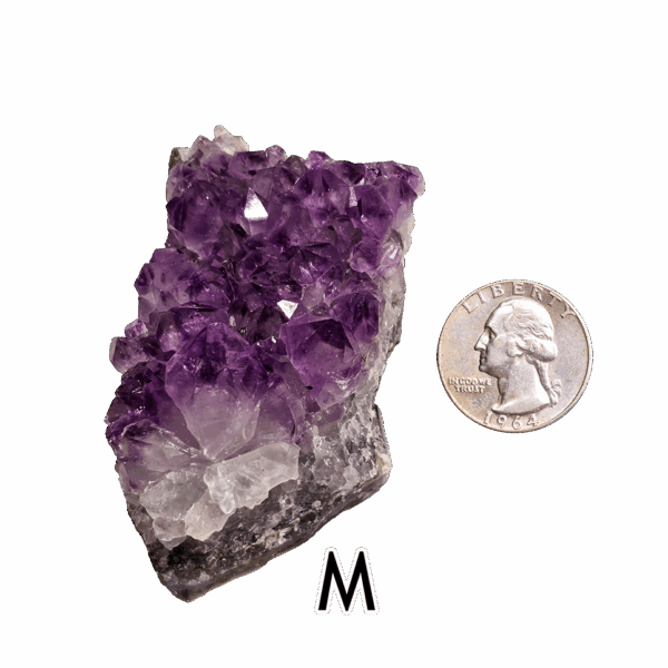 Amethyst cluster 'M' with a quarter for comparison.
