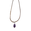 A shot of an amethyst point pendant including the wax cord adjustable necklace it comes with.