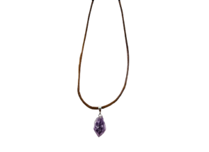 A shot of an amethyst point pendant including the wax cord adjustable necklace it comes with.