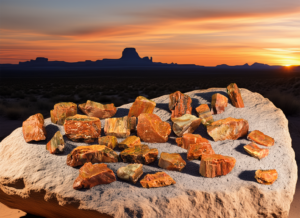 A group shot of many Arizona petrified wood chunks showing a range of brownish red, tans, some with complex coloring. They are on display on a rock in the desert with a sunset in the background.