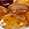 A closeup of tumbled carnelian medium, with a brown honey color with some tranclucency to the polished stones.