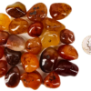 A pile of tumbled carnelian medium, with different shades of a brown honey color with some tranclucency to the polished stones, and a quarter for comparison. Most are slighlty smaller than the quarter.