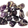 A pile of medium chevron amethyst polished stones, with deep purple to violet, with white in chevron patterns on the stones, and a quarter for comparison. Most are the same size or larger than the quarter.