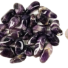 A pile of medium chevron amethyst polished stones, with deep purple to violet, with white in chevron patterns on the stones, and a quarter for comparison. Most are smaller than the quarter.