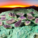 A group of amethyst geode clusters with deep purple crystals. They are displayed on a green rock with a sunset in the background.