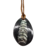 A closeup of an orthoceras polished pendant with light reflecting showing the quality of the polish.